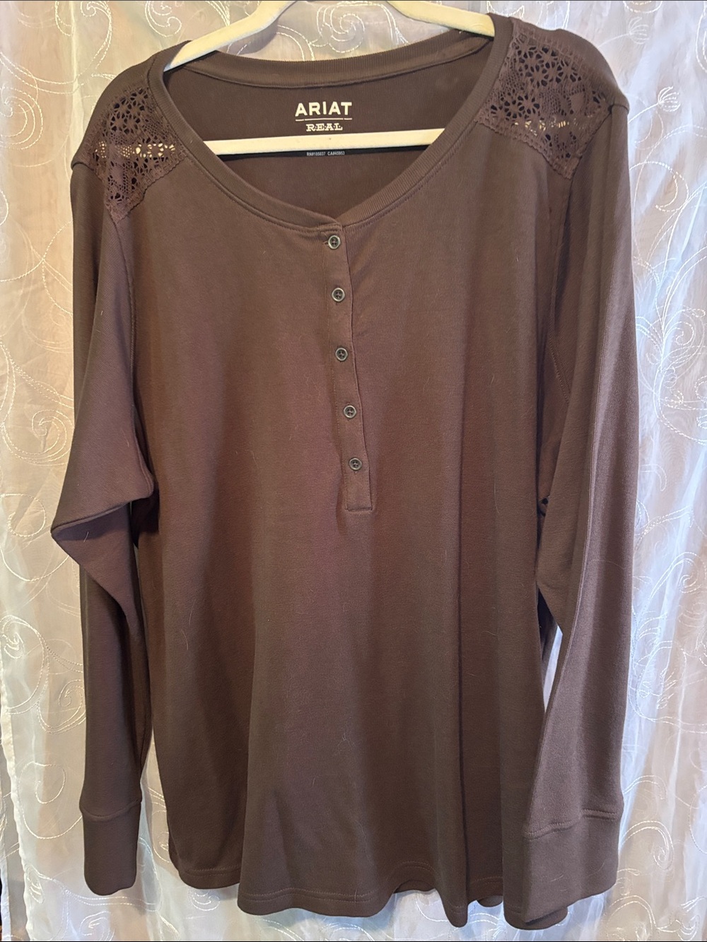 Ariat Chocolate Brown Long-Sleeve Henley with Lace Shoulders